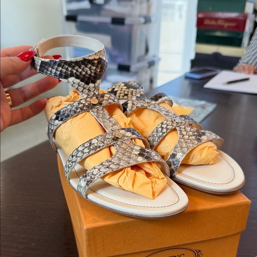 Tod's Black and White Snakeskin Sandals